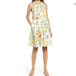 Julia Jordan Lemon Print Cotton Summer Sundress Mini Dress Lined Ivory Multi